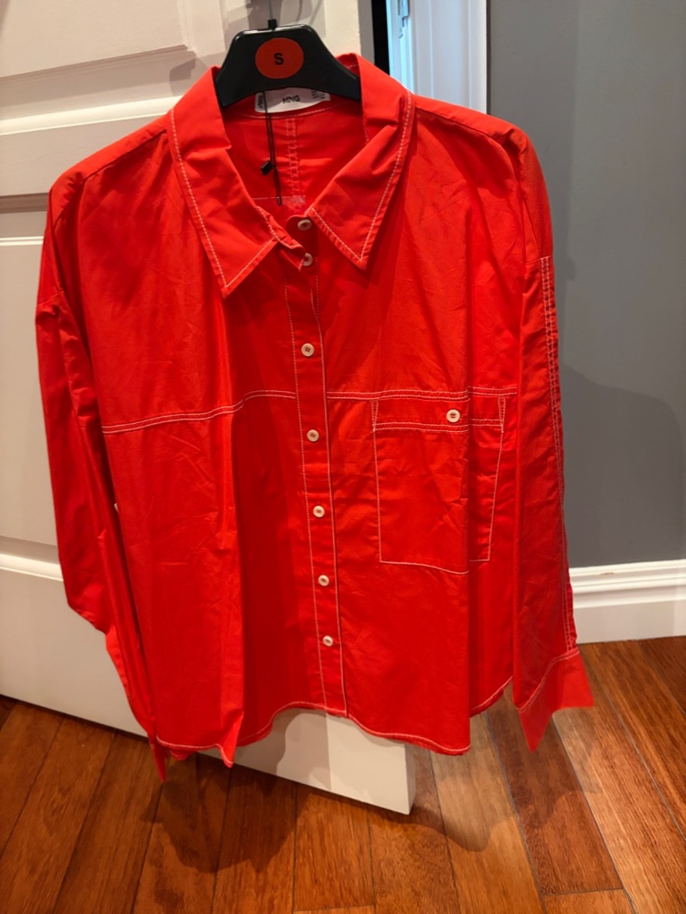 Red Womans Button-Up Shirt with Contrast Stitching